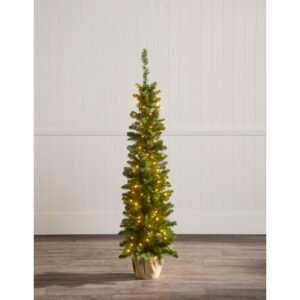 PreLit Tree in Hessian Pot – Artificial Table Top Christmas Tree – Green – 5 foot