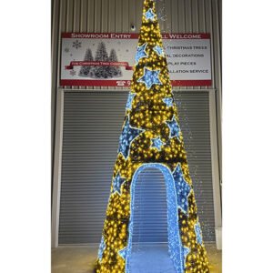 Pre-Lit Walk-Through Tinsel Christmas Tree with Silver Stars – Gold with Warm White and Bright White LED – 6m