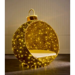 2m Light Up Gold Tinsel Bauble Seat with Warm White Lights and Gold Cushion