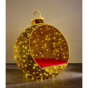 2m Light Up Gold Tinsel Bauble Seat with Warm White Lights and Red Cushion
