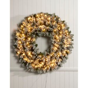 4′ Snow Flocked Pre-Lit Wreath- Snow Flocked Green – 120 cm